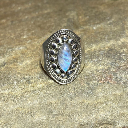 Ornate Sterling Silver Marquese Rainbow Moonstone Ring- Size 9.5