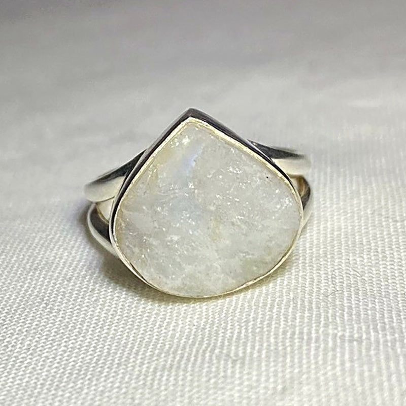 Teardrop Natural Rainbow Moonstone Ring- Size 5.5