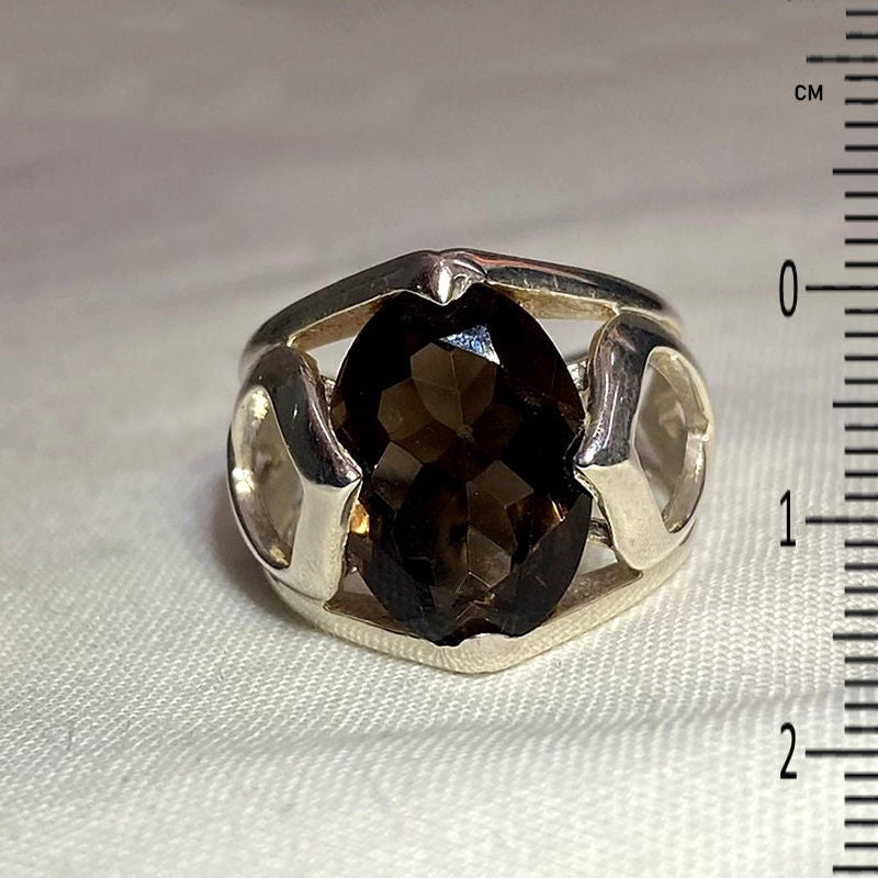 Faceted Oval Smokey Quartz Ornate Sterling Silver Ring- Size 6