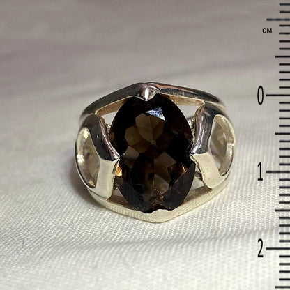 Faceted Oval Smokey Quartz Ornate Sterling Silver Ring- Size 6