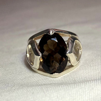 Faceted Oval Smokey Quartz Ornate Sterling Silver Ring- Size 6