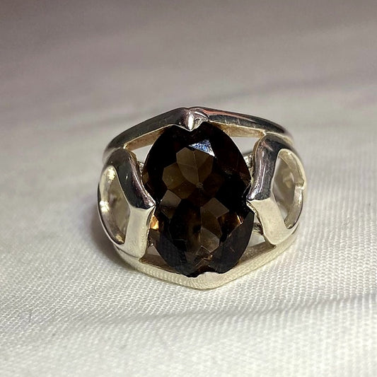 Faceted Oval Smokey Quartz Ornate Sterling Silver Ring- Size 6