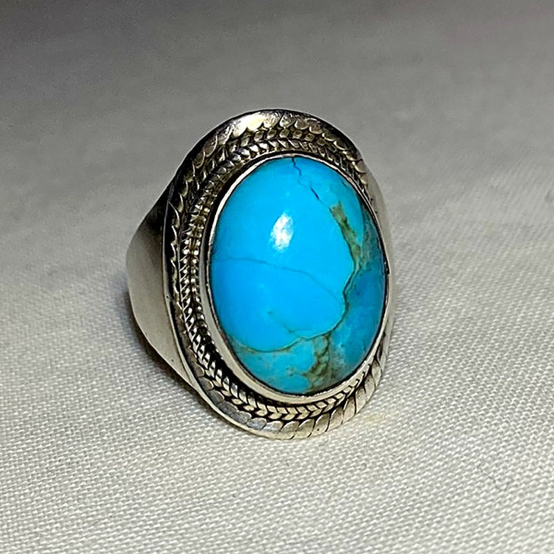 Oval Turquoise Ornate Sterling Silver Ring- Size 8.5