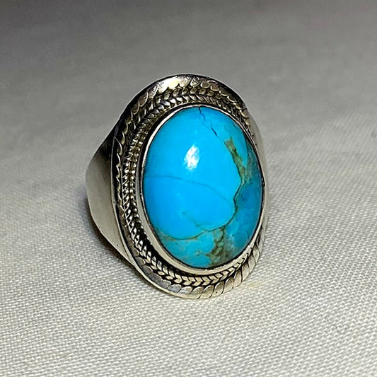 Oval Turquoise Ornate Sterling Silver Ring- Size 8.5
