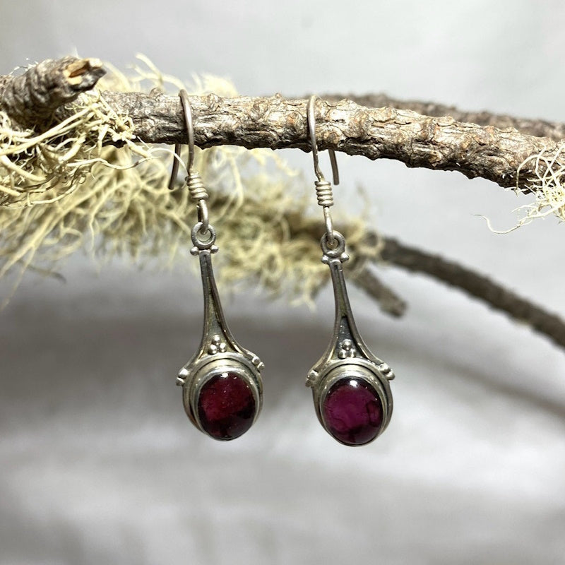 Ornate Sterling Silver Round Garnet Earrings