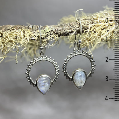 Ornate Sterling Silver Pear Shaped Moonstone Earrings