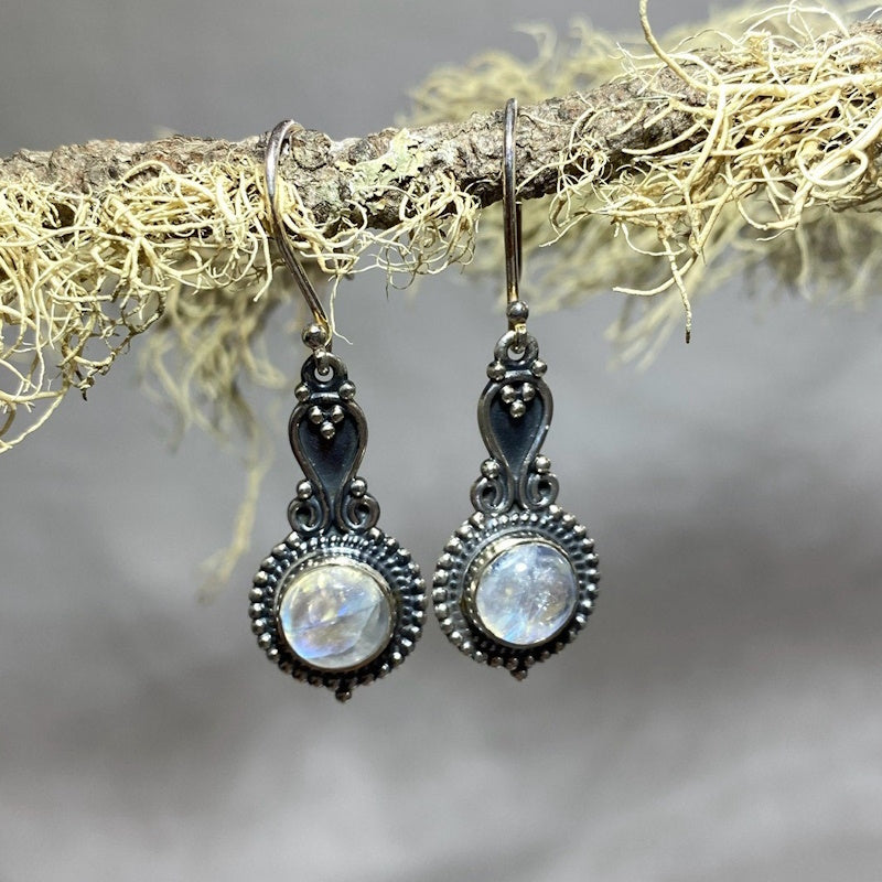 Ornate Sterling Silver Round Moonstone Earrings