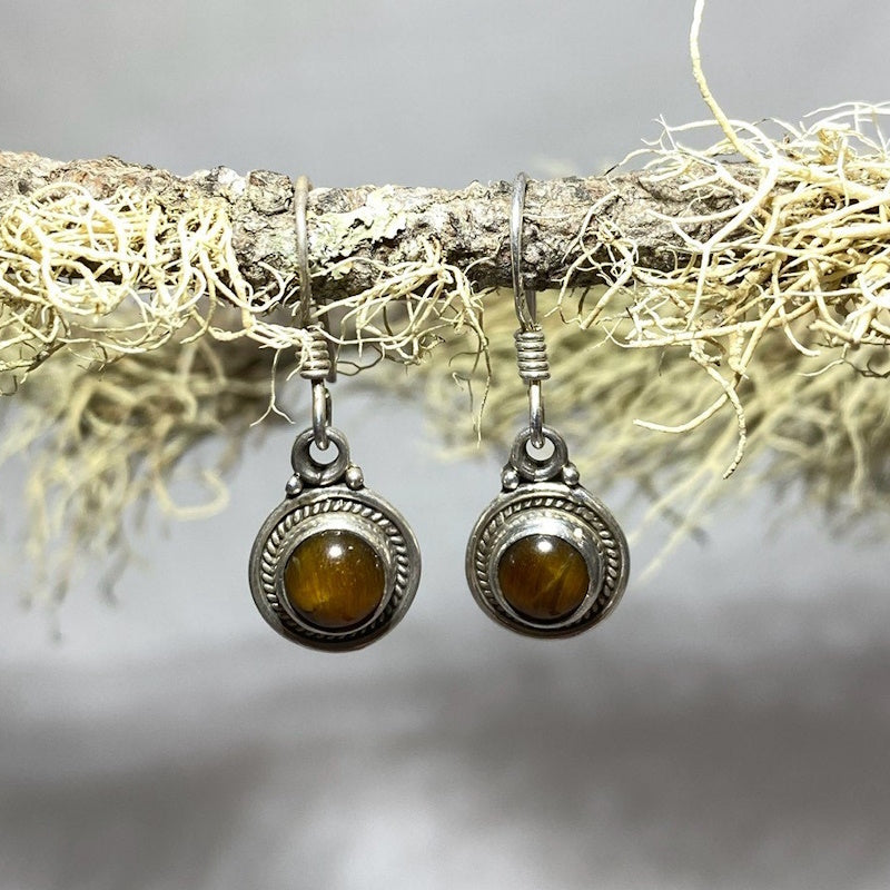 Ornate Sterling Silver Round Tigers Eye Earrings