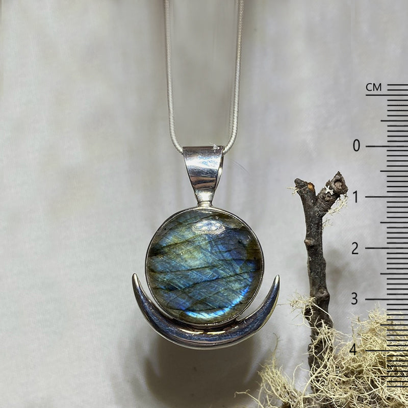 Round Crescent Moon Blue Flash Labradorite Pendant