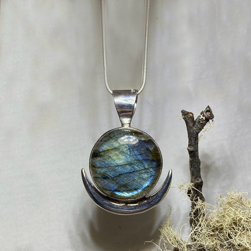 Round Crescent Moon Blue Flash Labradorite Pendant