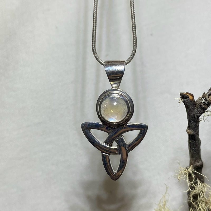 Round Rainbow Moonstone Trinity Knot Pendant