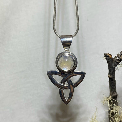 Round Rainbow Moonstone Trinity Knot Pendant