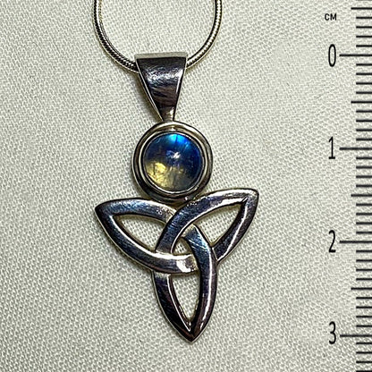 Round Rainbow Moonstone Sterling Silver Triquetra Pendant