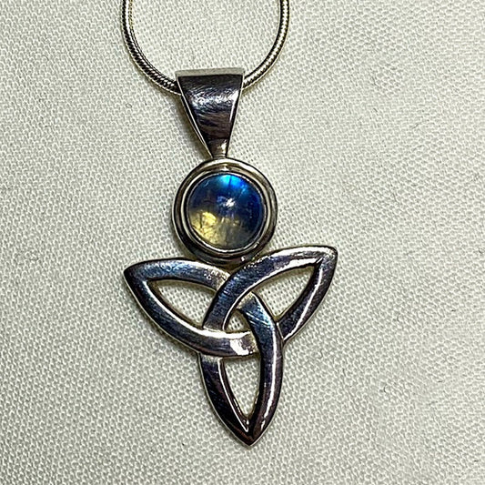 Round Rainbow Moonstone Sterling Silver Triquetra Pendant