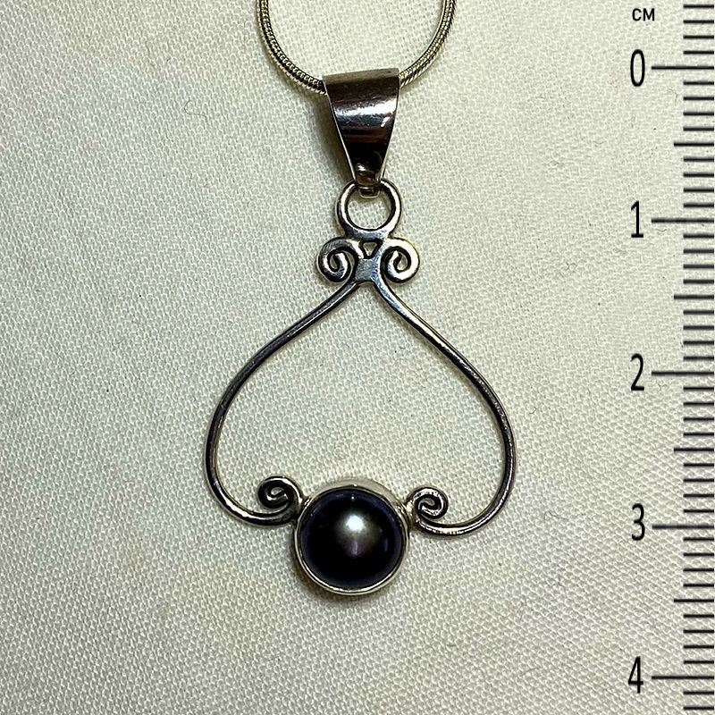 Round Black Pearl Ornate Sterling Silver Pendant