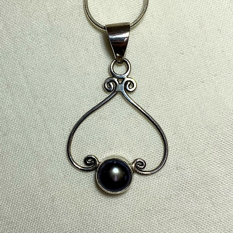 Round Black Pearl Ornate Sterling Silver Pendant