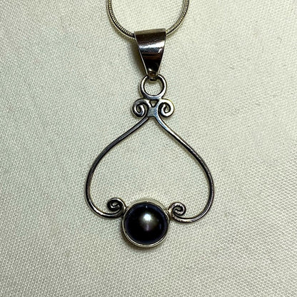 Round Black Pearl Ornate Sterling Silver Pendant