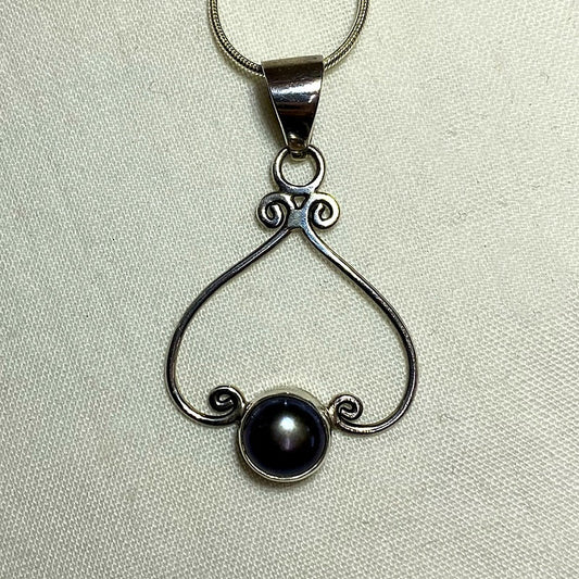 Round Black Pearl Ornate Sterling Silver Pendant