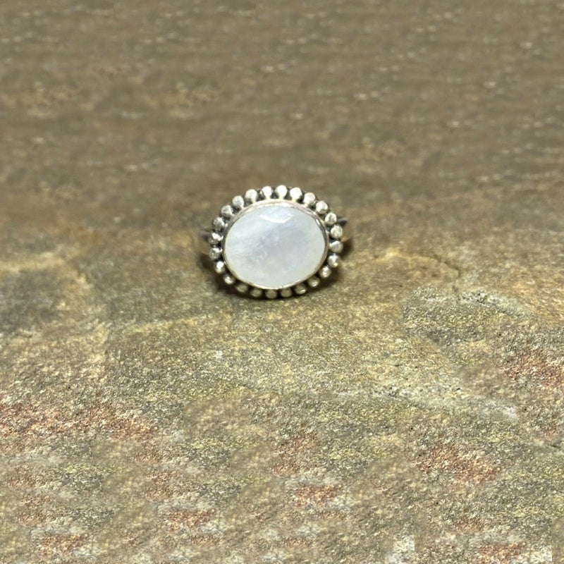 Faceted Oval Rainbow Moonstone Ring- Size 9