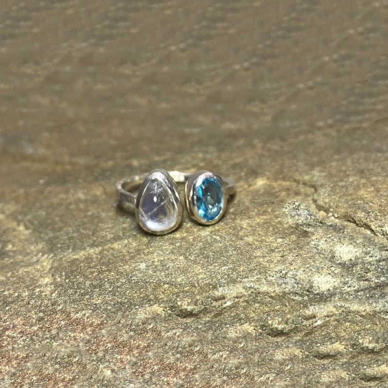 Combination Teardrop Rainbow Moonstone & Faceted Oval Blue Topaz Ring- Size 8