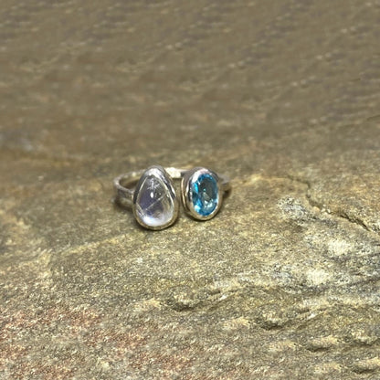 Combination Teardrop Rainbow Moonstone & Faceted Oval Blue Topaz Ring- Size 8