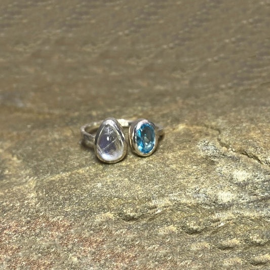 Combination Teardrop Rainbow Moonstone & Faceted Oval Blue Topaz Ring- Size 8
