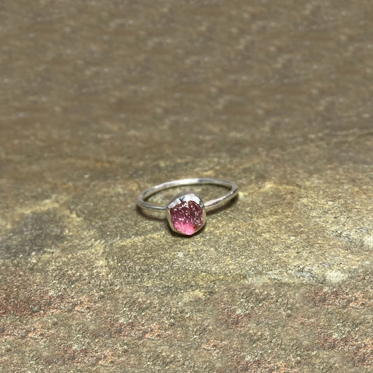 Round Raw Pink Tourmaline Ring- Size 9