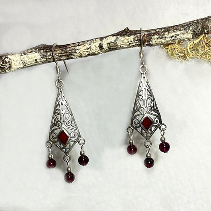 Garnet Ornate Sterling Silver Earrings