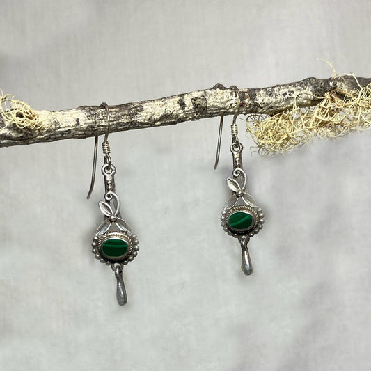 Oval Malachite Ornate Sterling Silver Earrings