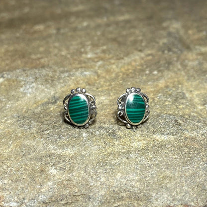 Oval Malachite Ornate Sterling Silver Stud Earrings