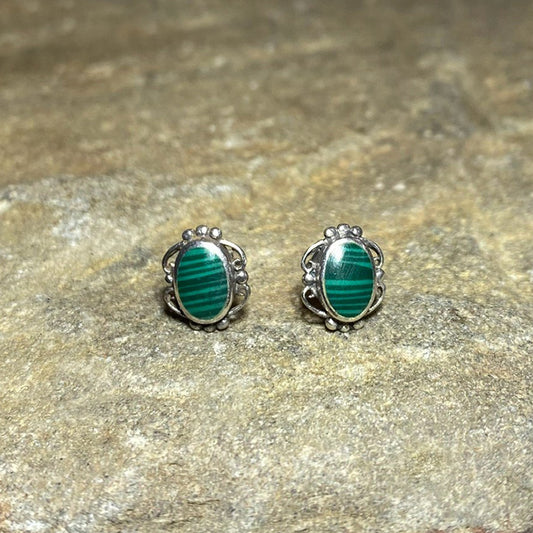 Oval Malachite Ornate Sterling Silver Stud Earrings