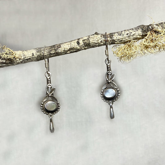 Oval Mother Of Pearl Ornate Sterling Silver Earrings