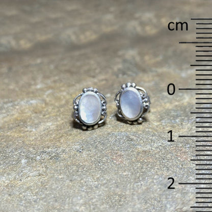 Oval Mother Of Pearl Ornate Sterling Silver Stud Earrings