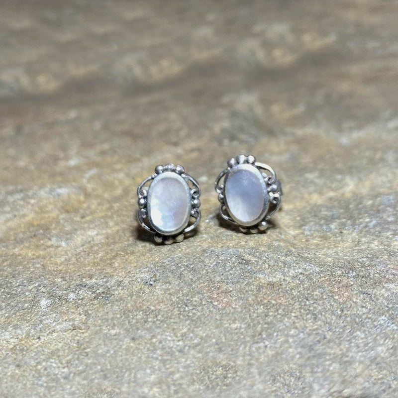Oval Mother Of Pearl Ornate Sterling Silver Stud Earrings