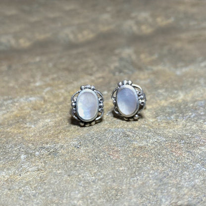 Oval Mother Of Pearl Ornate Sterling Silver Stud Earrings