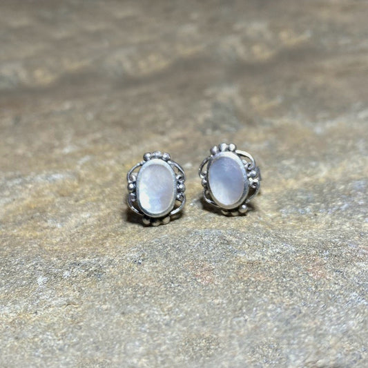 Oval Mother Of Pearl Ornate Sterling Silver Stud Earrings