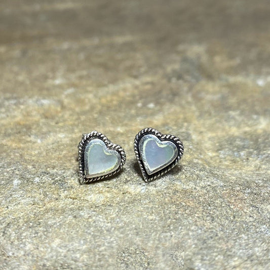 Mother Of Pearl Heart Ornate Sterling Silver Stud Earrings