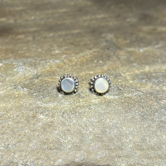 Round Mother Of Pearl Ornate Sterling Silver Stud Earrings
