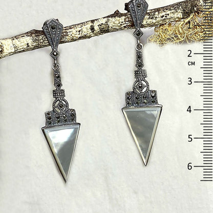 Triangle Mother Of Pearl & Marcasite Ornate Sterling Silver Stud Earrings