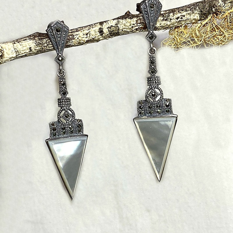 Triangle Mother Of Pearl & Marcasite Ornate Sterling Silver Stud Earrings