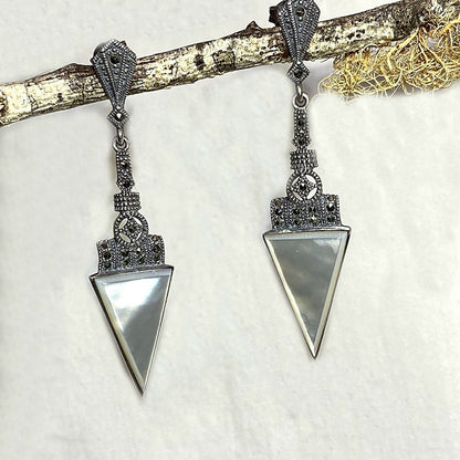 Triangle Mother Of Pearl & Marcasite Ornate Sterling Silver Stud Earrings