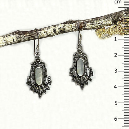 Oval Mother Of Pearl Ornate Sterling Silver Earrings