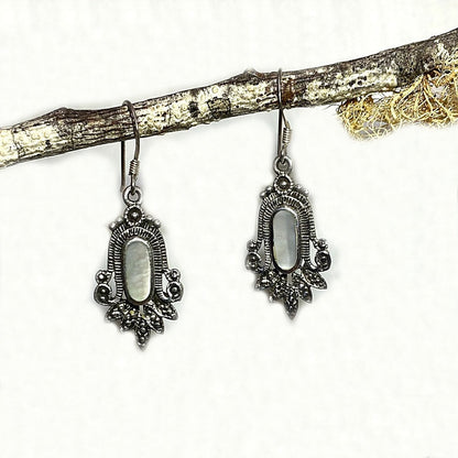 Oval Mother Of Pearl Ornate Sterling Silver Earrings
