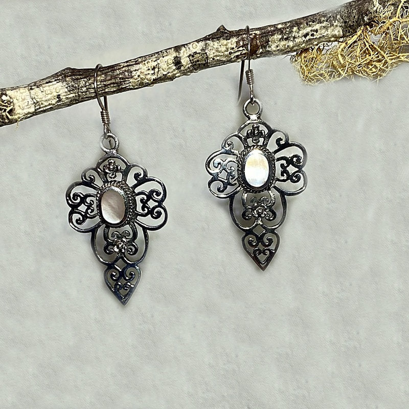 Mother Of Pearl Ornate Sterling Silver Earrings