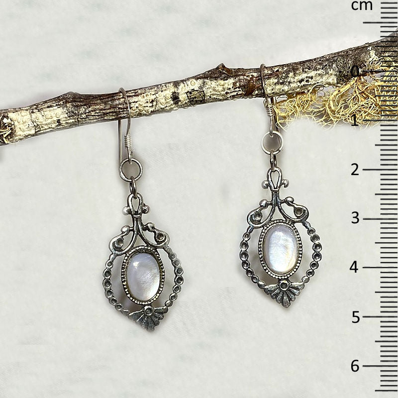 Oval Mother Of Pearl Ornate Sterling Silver Earrings