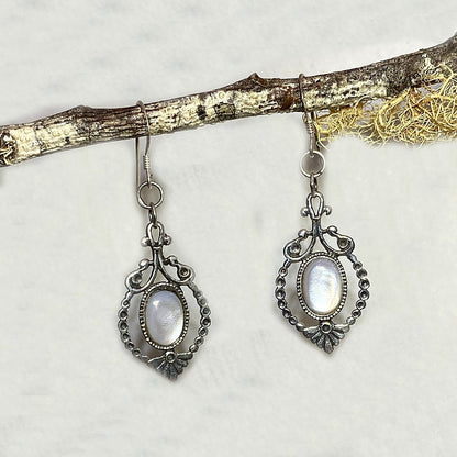 Oval Mother Of Pearl Ornate Sterling Silver Earrings
