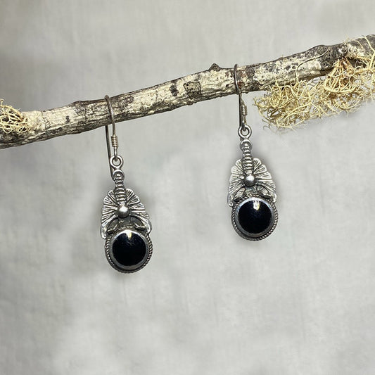 Round Black Onyx Ornate Sterling Silver Earrings