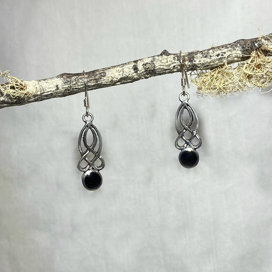 Round Black Onyx Ornate Sterling Silver Earrings