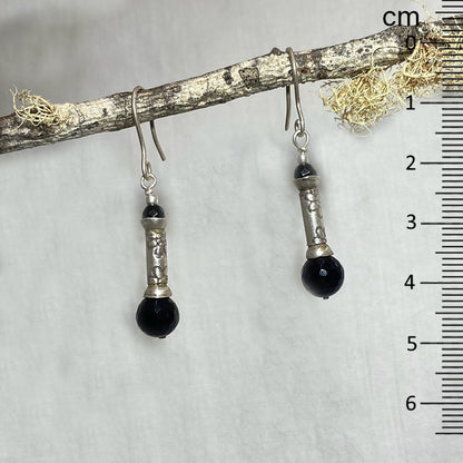 Round Onyx Ornate Hilltribe Silver Earrings