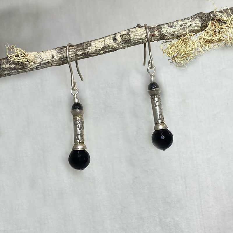 Round Onyx Ornate Hilltribe Silver Earrings